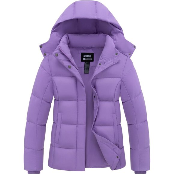 Women's Purple Quilted Waterproof Puffer Jacket Warm Parka with Detachable Hood
